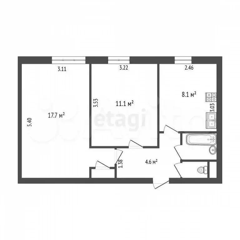2-к. квартира, 44,5 м, 1/9 эт. - Фото 1
