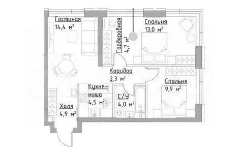 3-к. квартира, 60,6 м, 2/27 эт. - Фото 1