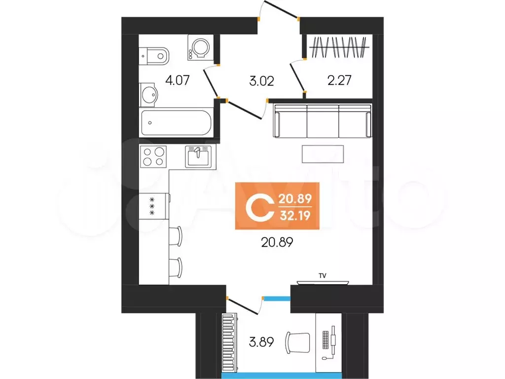 Квартира-студия, 32,2 м, 1/8 эт. - Фото 0