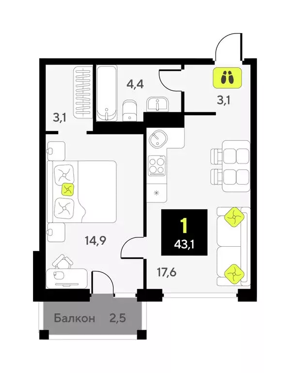 1-комнатная квартира: Тюмень, улица Разведчика Кузнецова, 9 (43.1 м) - Фото 1