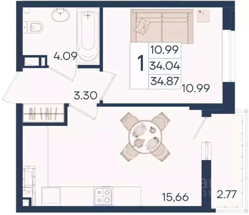 1-к кв. Краснодарский край, Краснодар  (34.87 м) - Фото 1