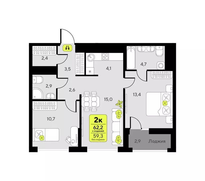 2-комнатная квартира: Тюмень, улица Первооткрывателей, 11 (62.2 м) - Фото 1