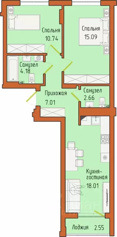 2-к кв. Калининградская область, Светлогорск пос. Отрадное,  (60.24 м) - Фото 0