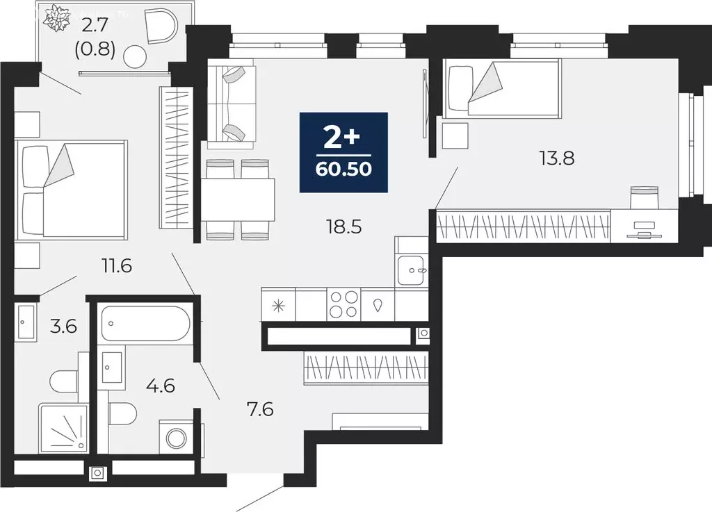 2-комнатная квартира: Тюмень, проезд Капитана Куликова, 5 (62.4 м) - Фото 1
