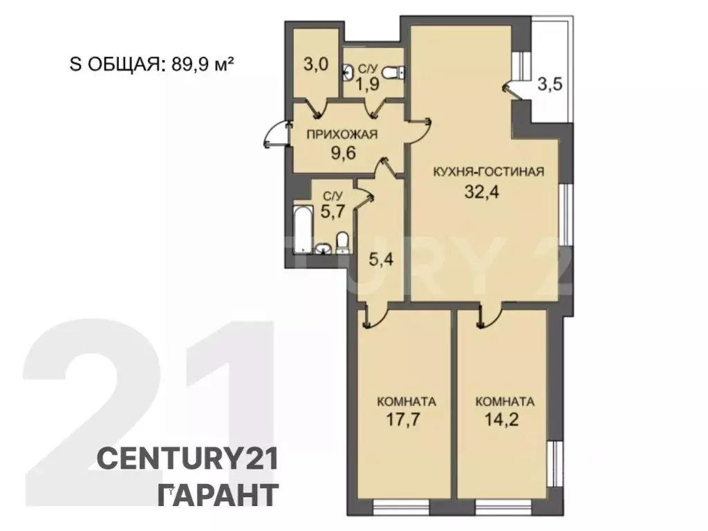 3-к кв. Санкт-Петербург Тихорецкий просп., 33к1 (89.9 м) - Фото 2
