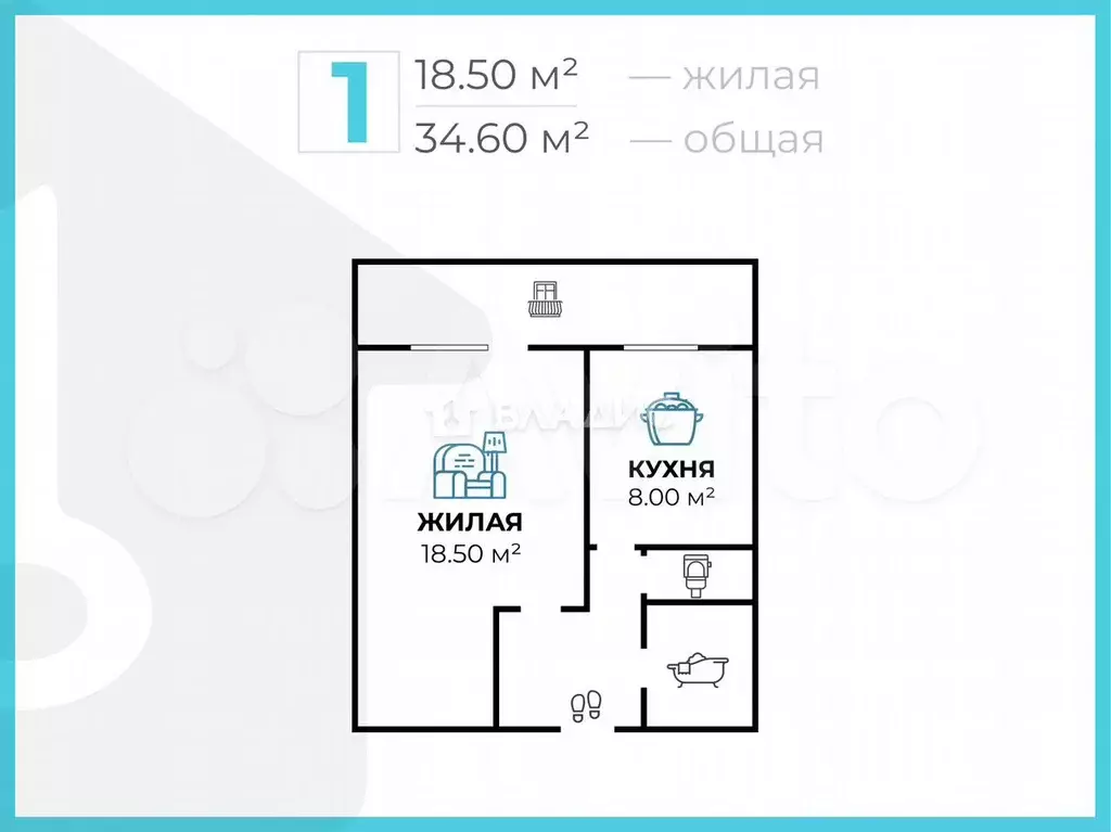 1-к. квартира, 34,6 м, 5/9 эт. - Фото 0