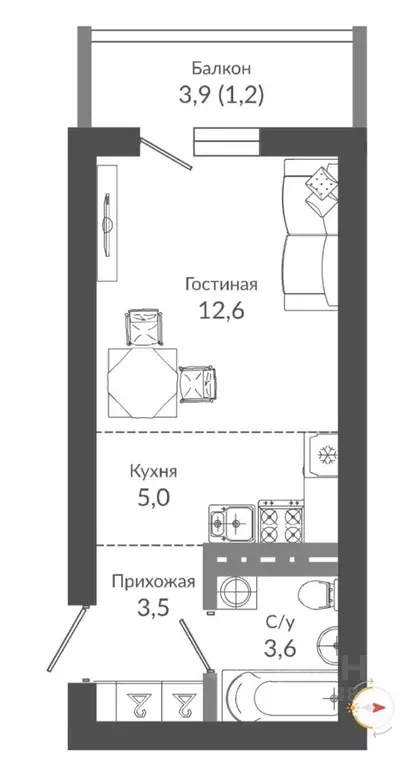 Студия Краснодарский край, Сочи ул. Искры, 66/9с5 (25.9 м) - Фото 1