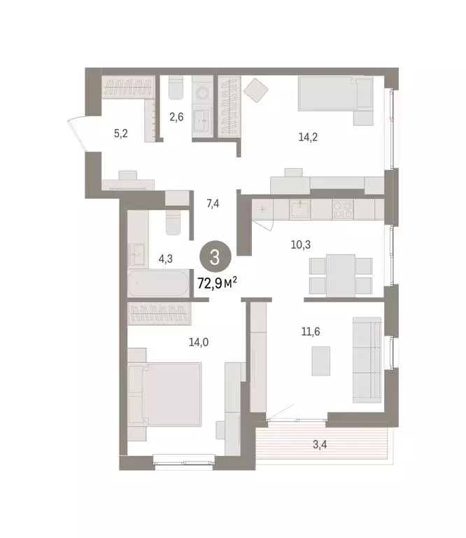 3-комнатная квартира: Пермь, микрорайон Крохалева (72.94 м) - Фото 2