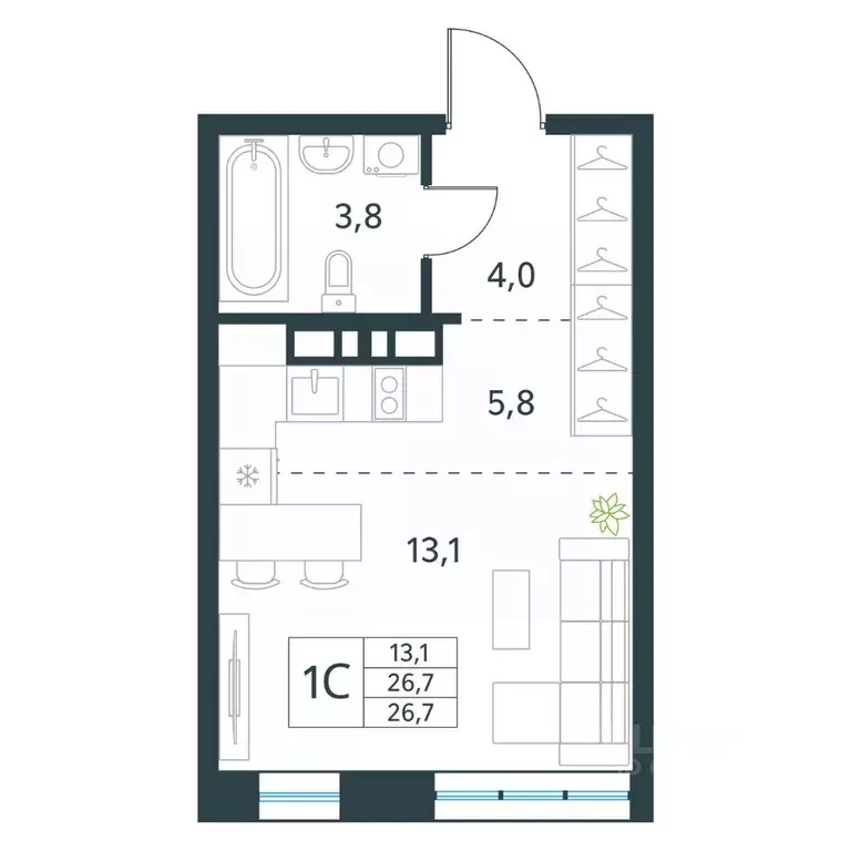 Студия Забайкальский край, Чита Хороший мкр, 15 (26.7 м) - Фото 1