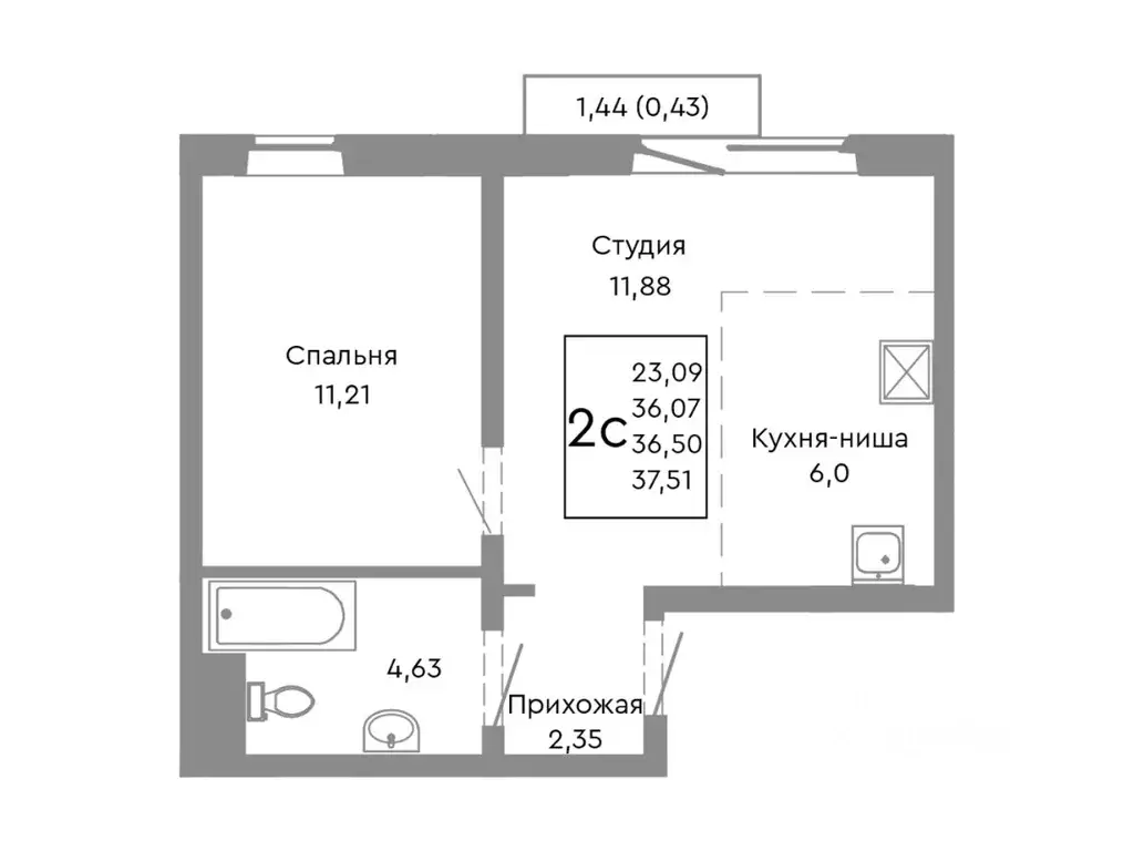 2-к кв. Челябинская область, Челябинск Нефтебазовая ул., 1-13 (36.5 м) - Фото 1