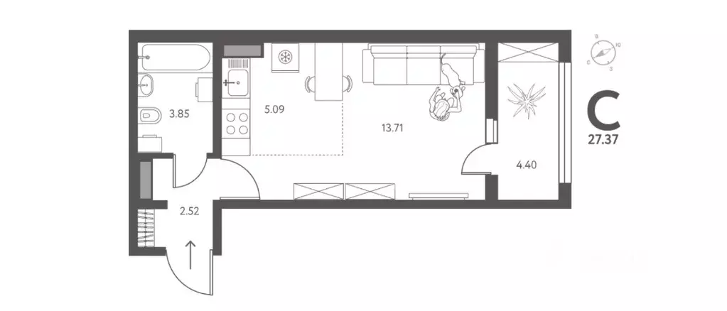 Студия Липецкая область, Липецк ул. Перова, 2А (27.37 м) - Фото 1