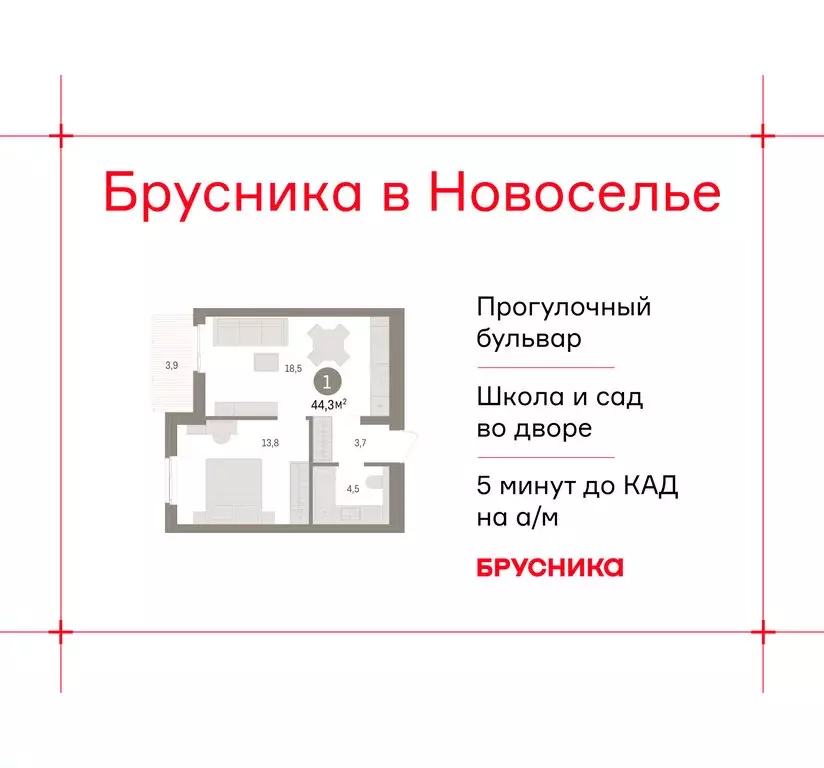 1-комнатная квартира: городской посёлок Новоселье, ЖК Брусника (44.34 ... - Фото 1