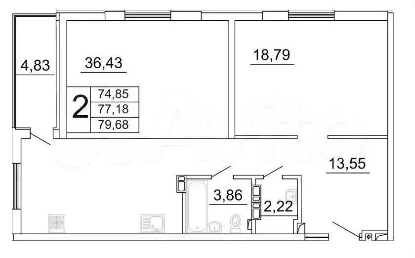 2-к. квартира, 79,7м, 5/27эт. - Фото 0