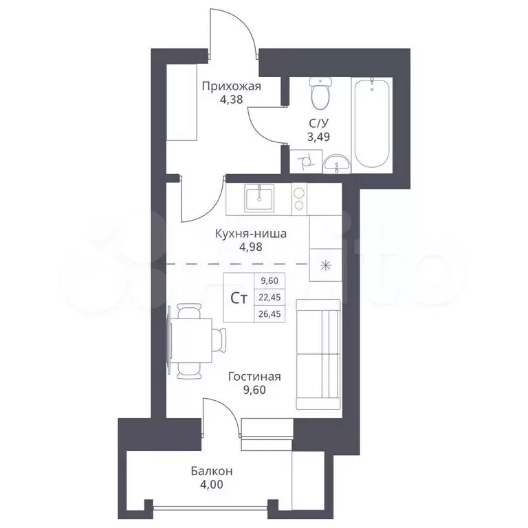 Квартира-студия, 22,5 м, 20/24 эт. - Фото 0