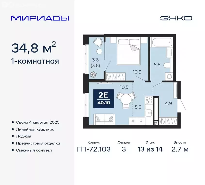 1-комнатная квартира: Тюмень, ЖК Мириады (34.8 м) - Фото 0