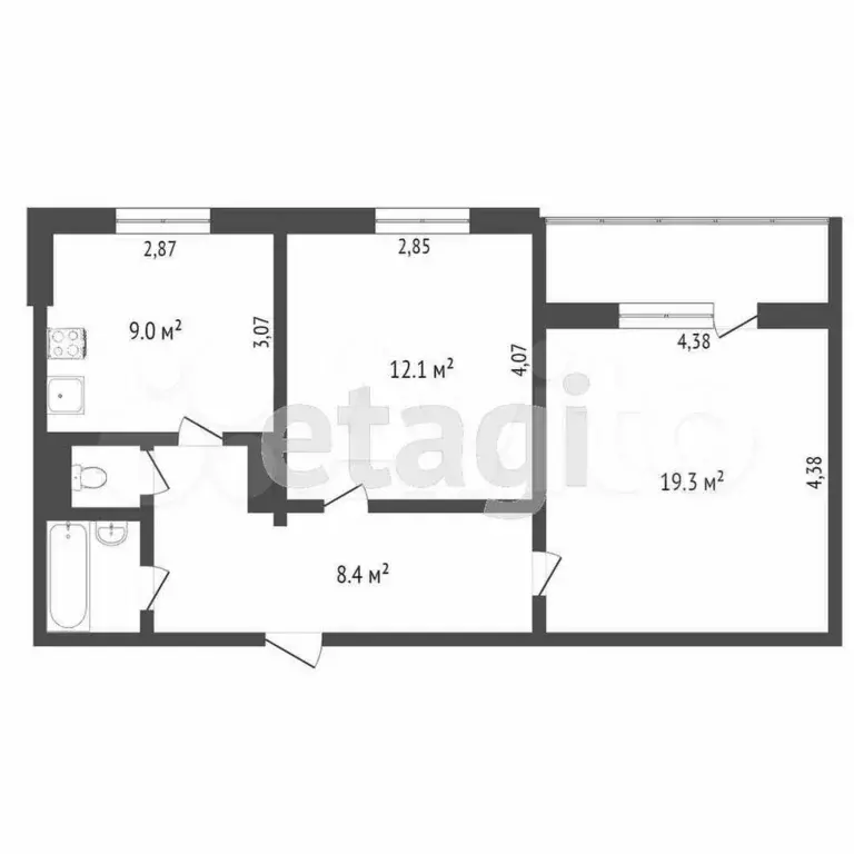 2-к. квартира, 51 м, 6/9 эт. - Фото 0