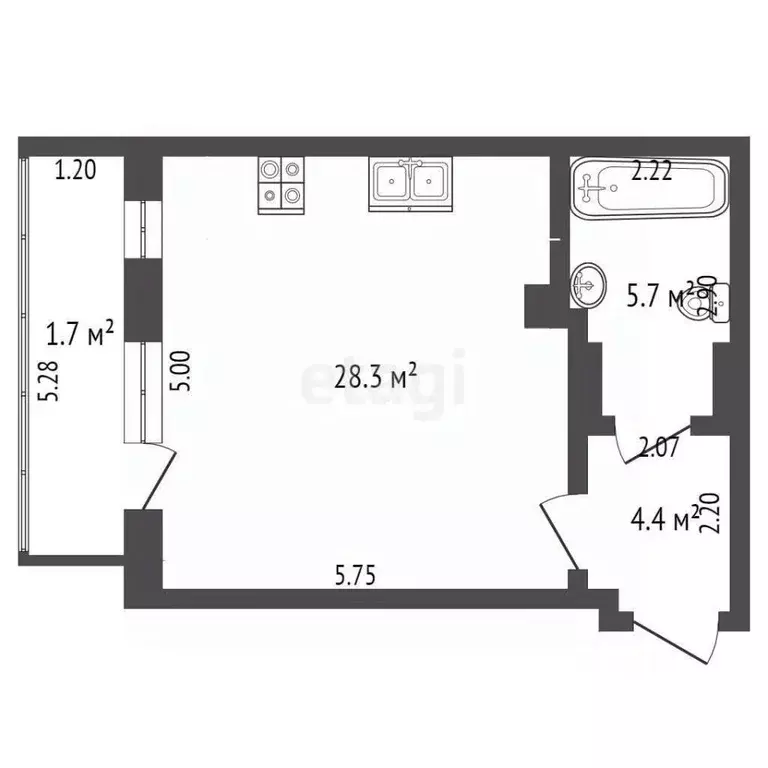 Студия Омская область, Омск ул. Малиновского, 12к5 (38.4 м) - Фото 1