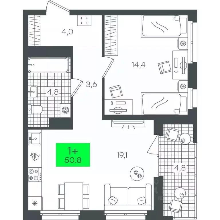 1-к кв. Тюменская область, Тюмень ул. Василия Малкова, 19 (50.87 м) - Фото 0