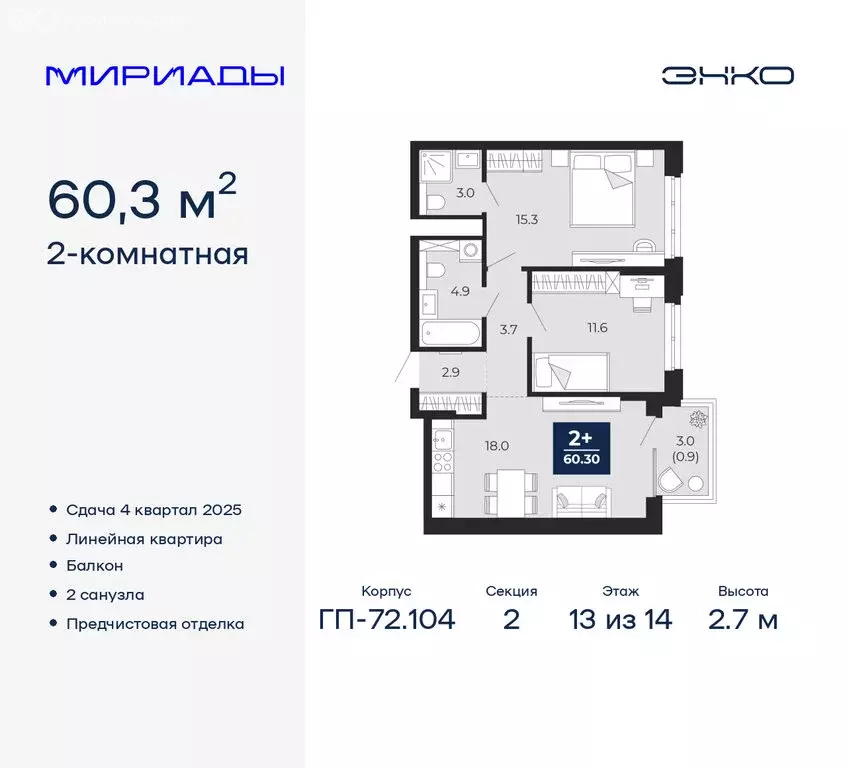 2-комнатная квартира: Тюмень, ЖК Мириады (60.3 м) - Фото 0