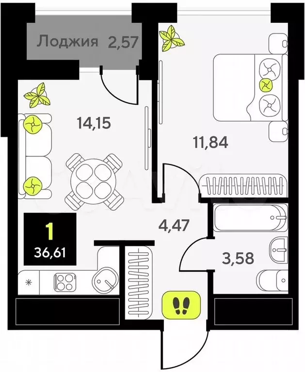 1-к. квартира, 36,6 м, 12/14 эт. - Фото 1