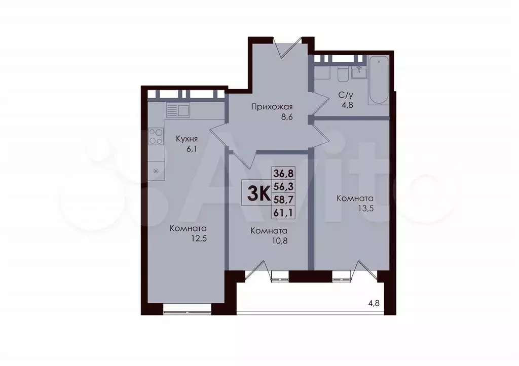 3-к. квартира, 58,7 м, 6/25 эт. - Фото 0