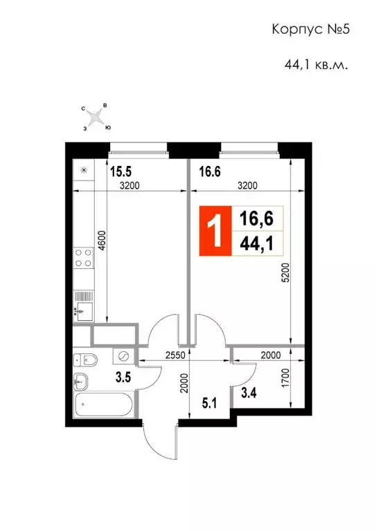 1-к кв. Московская область, Мытищи Тайнинка – 22-й мкр,  (44.1 м) - Фото 1