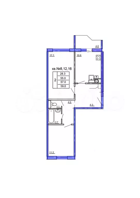 2-к. квартира, 59 м, 3/4 эт. - Фото 1