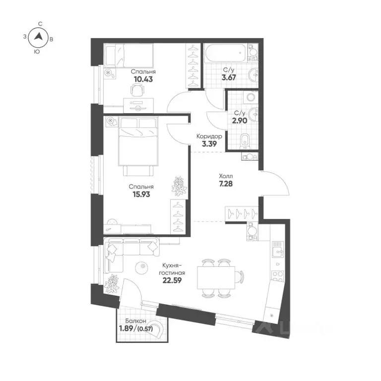2-к кв. Татарстан, Казань Счастье в Казани жилой комплекс (66.8 м) - Фото 1