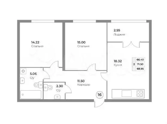 2-к. квартира, 69 м, 4/4 эт. - Фото 1