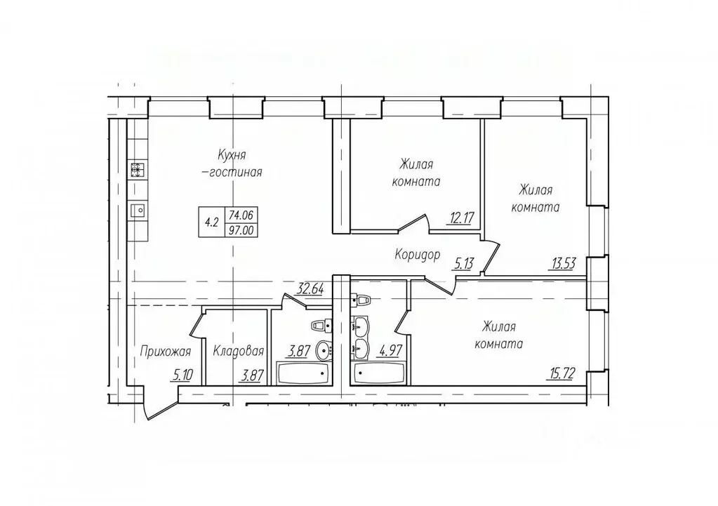 4-к кв. Чувашия, Чебоксары ул. Фридриха Энгельса, поз7 (97.0 м) - Фото 1