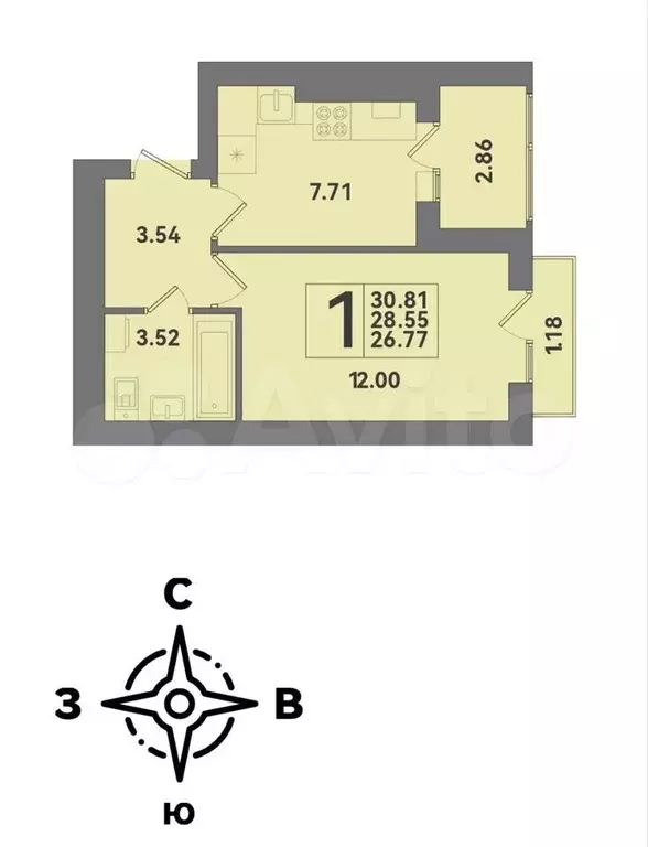 1-к. квартира, 30,8м, 10/10эт. - Фото 1