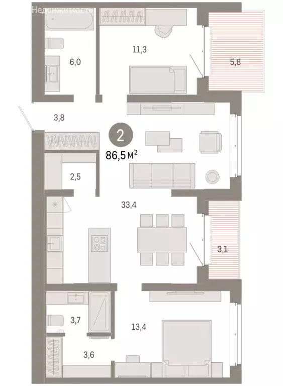 2-комнатная квартира: Тюмень, жилой комплекс На Минской (86.54 м) - Фото 1