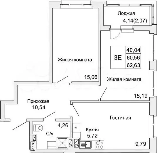 3-к. квартира, 62 м, 15/16 эт. - Фото 1