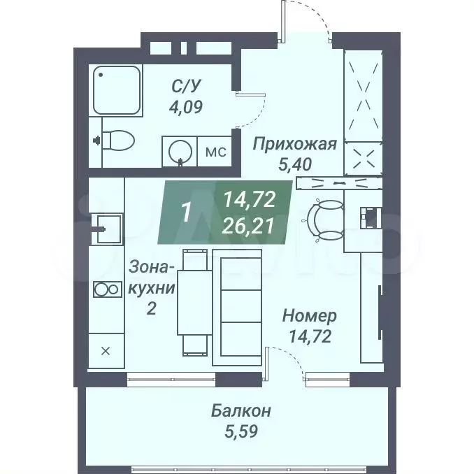 Апартаменты-студия, 26,2 м, 8/23 эт. - Фото 0