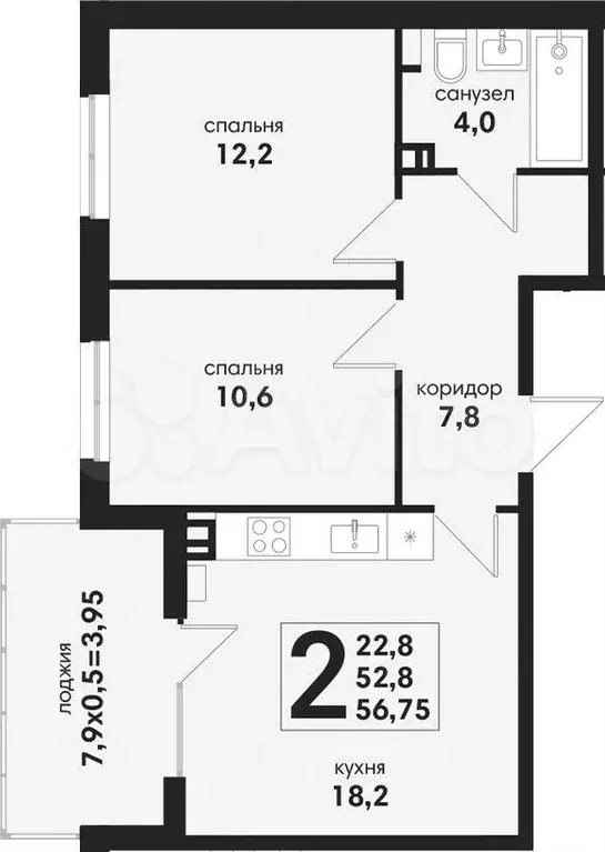 2-к. квартира, 56,8 м, 3/4 эт. - Фото 1