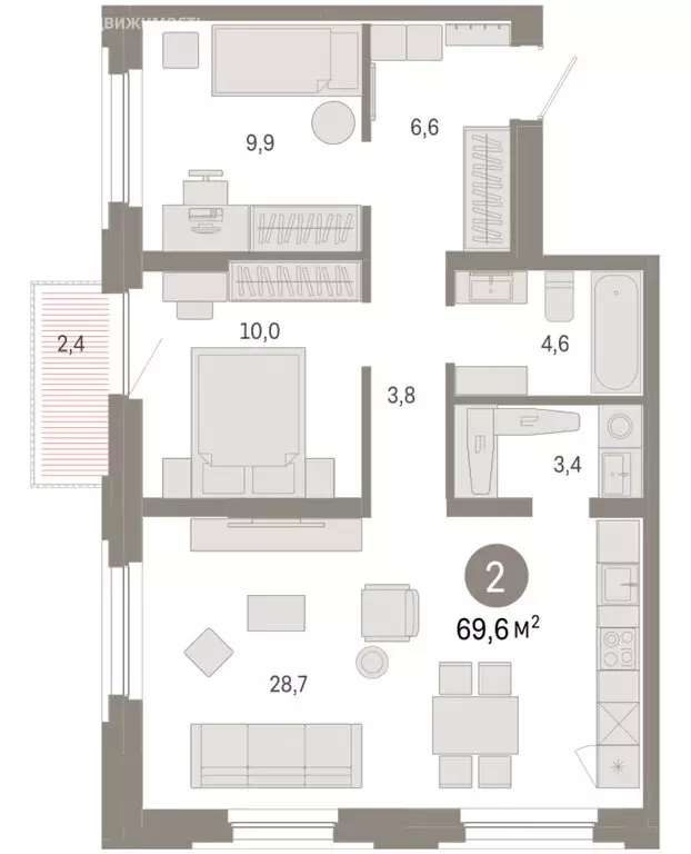 2-комнатная квартира: Тюмень, Мысовская улица, 26к2 (69.55 м) - Фото 2