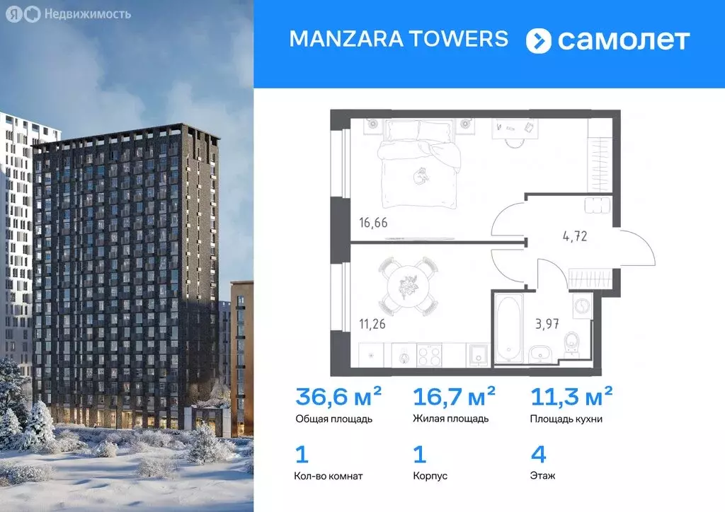 1-комнатная квартира: Казань, ЖК Манзара Тауэрс (36.61 м) - Фото 1
