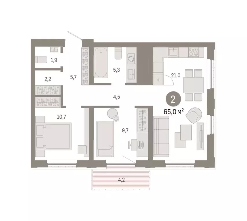 2-комнатная квартира: Тюмень, Краснооктябрьская улица, 4к1 (65.02 м) - Фото 1