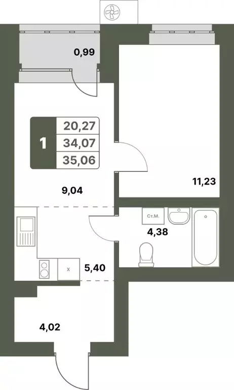 1-к кв. Башкортостан, Уфимский район, с. Миловка  (35.06 м) - Фото 1