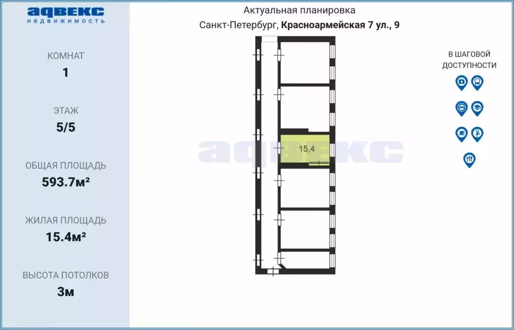 Комната Санкт-Петербург 7-я Красноармейская ул., 9 (15.4 м) - Фото 1