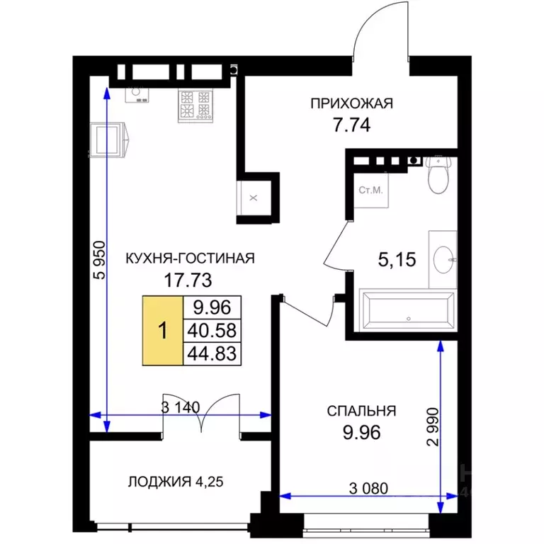 1-к кв. Калининградская область, Гурьевск Включи жилой комплекс (44.83 ... - Фото 0