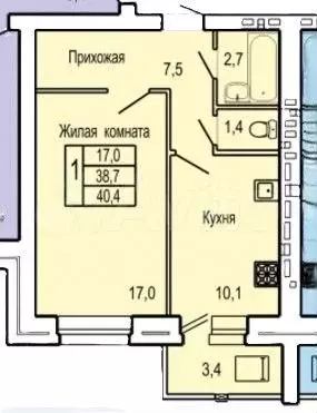 1-к. квартира, 40,6 м, 7/9 эт. - Фото 0