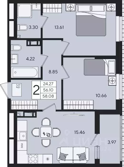 2-к кв. Краснодарский край, Краснодар  (58.08 м) - Фото 2