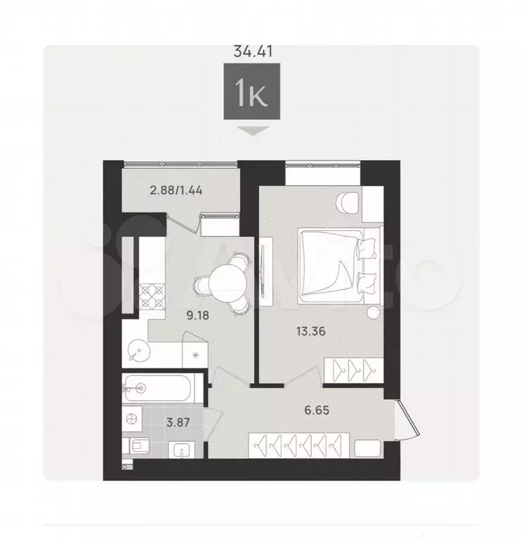 1-к. квартира, 34,4 м, 2/9 эт. - Фото 1