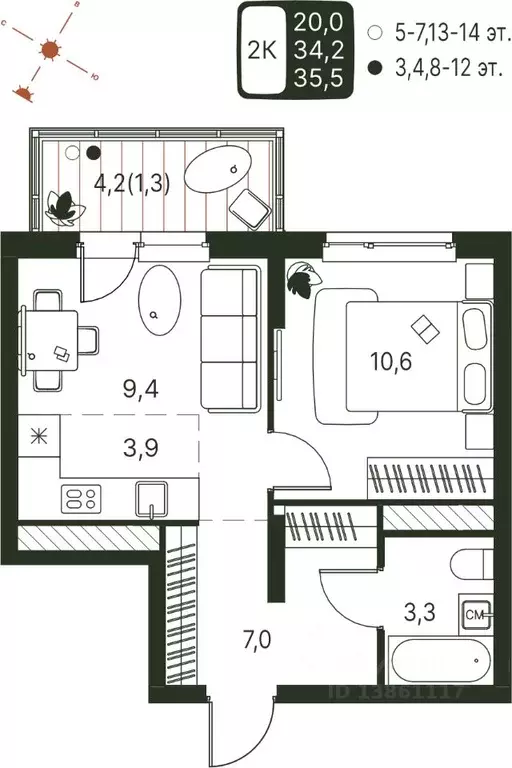Студия Пермский край, Пермь ул. Серебристая, 1 (35.5 м) - Фото 1