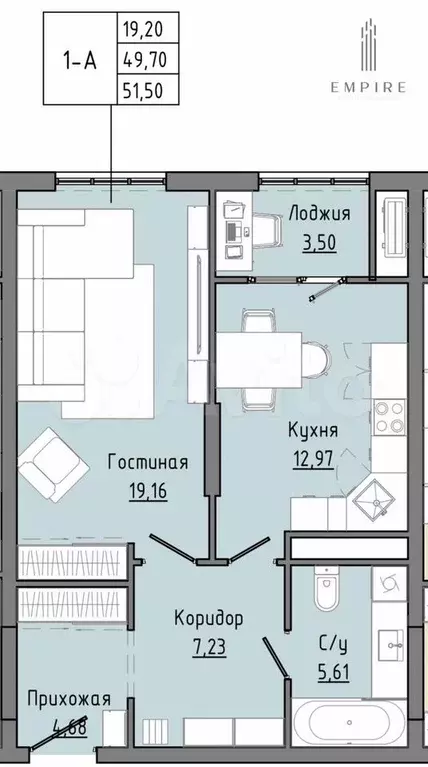 1-к. квартира, 51,5 м, 19/24 эт. - Фото 0