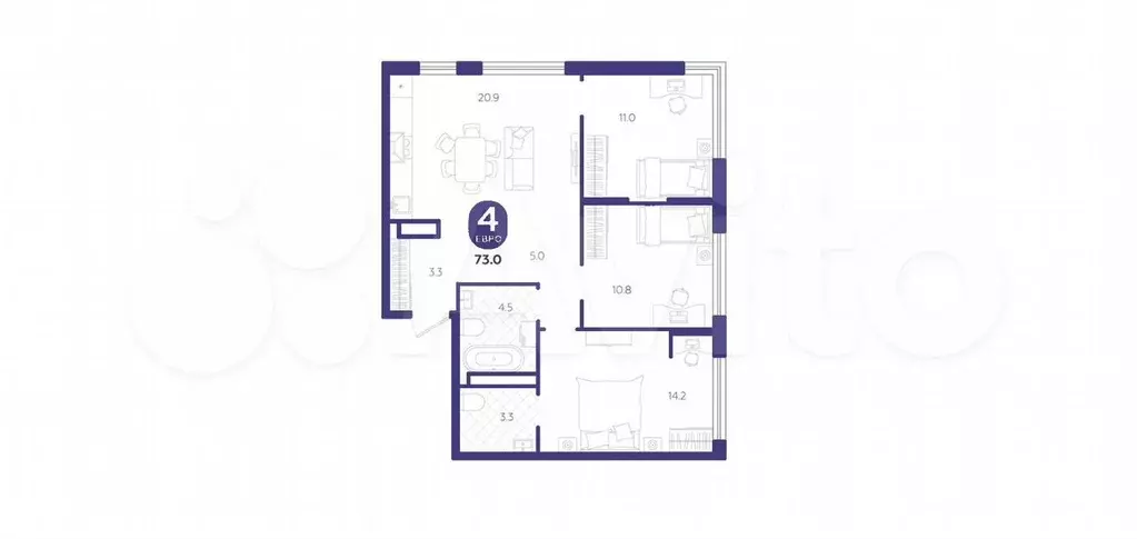4-к. квартира, 73 м, 7/15 эт. - Фото 1