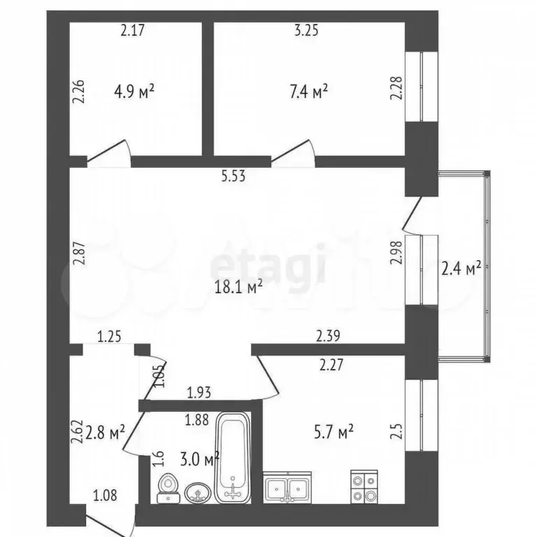 2-к. квартира, 41,9 м, 3/4 эт. - Фото 1