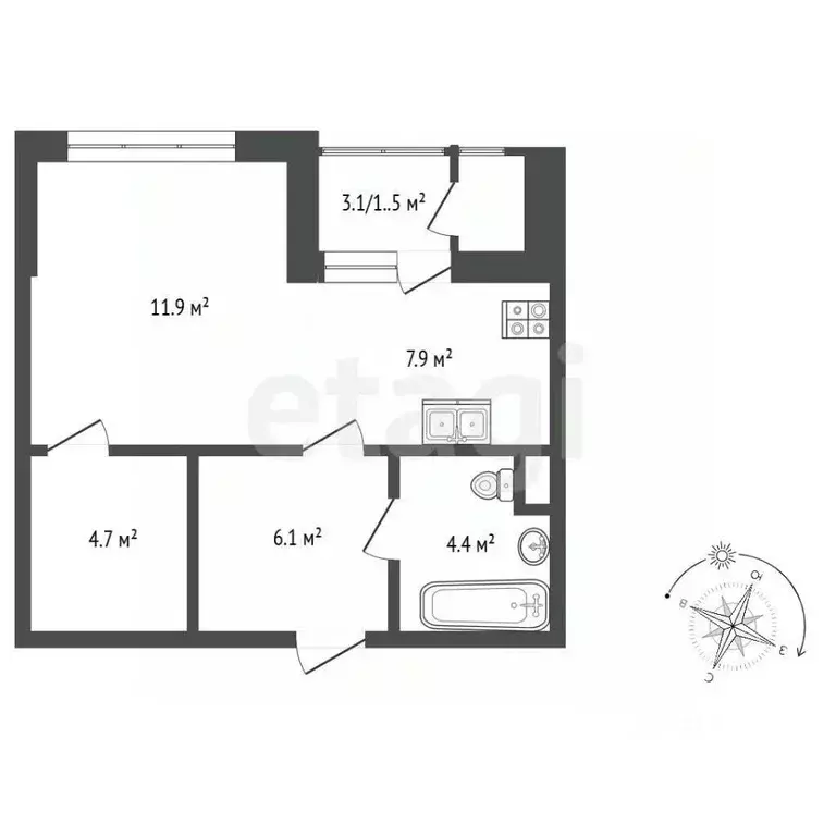 Студия Москва Строительный проезд, 9к1 (34.4 м) - Фото 2