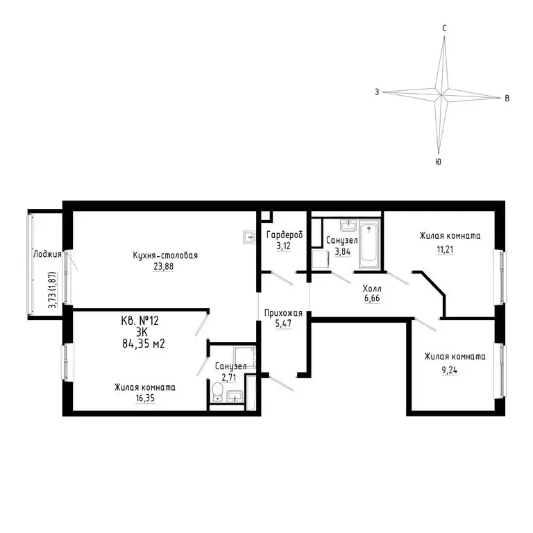 3-комнатная квартира: Новый, ЖК ДНС Сити (84.35 м) - Фото 0